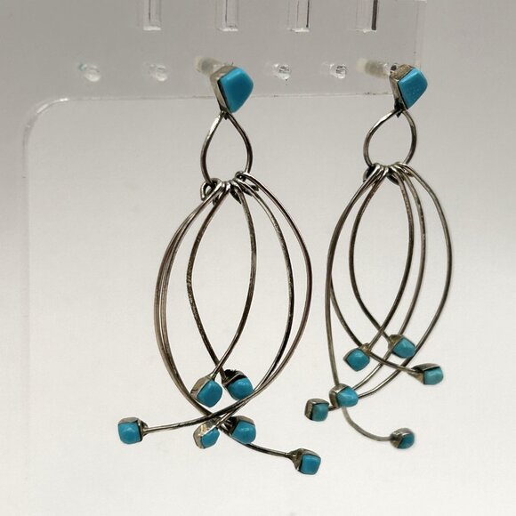 Artisan 925 Sterling Silver Dangle Earrings Turquoise Cube Beads Modernist Studi - Picture 4 of 8
